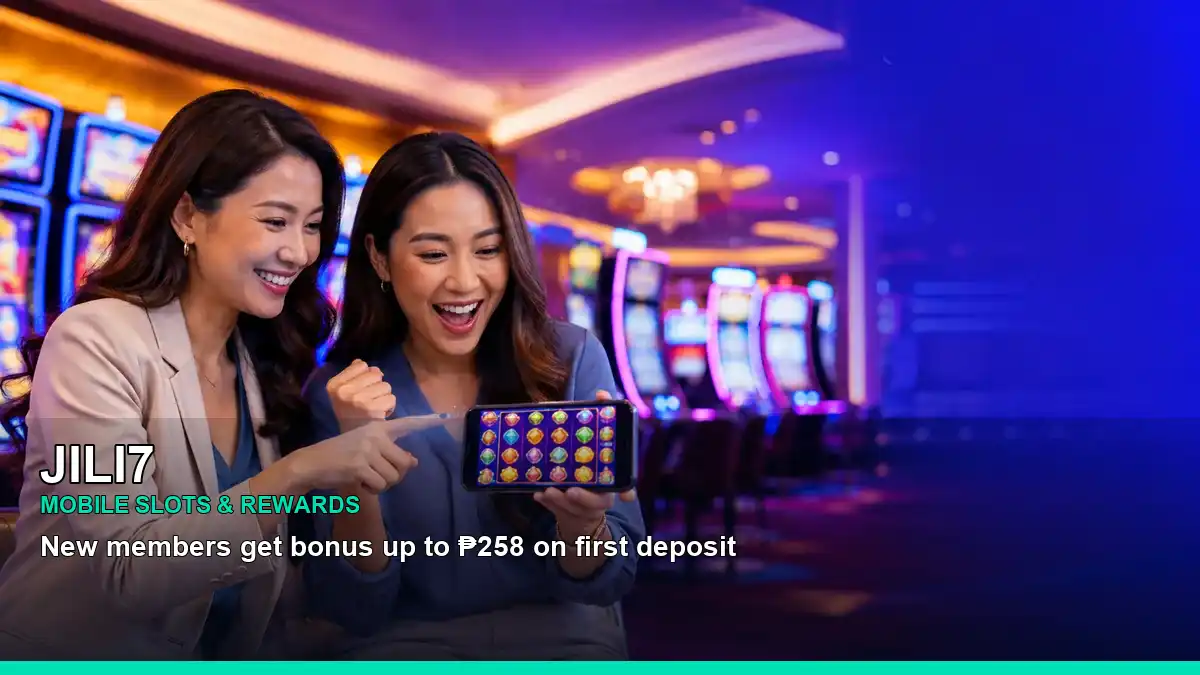 JILI7 mobile gaming scene featuring an adult Filipina casino host, immersive visuals, and a responsible entertainment setting